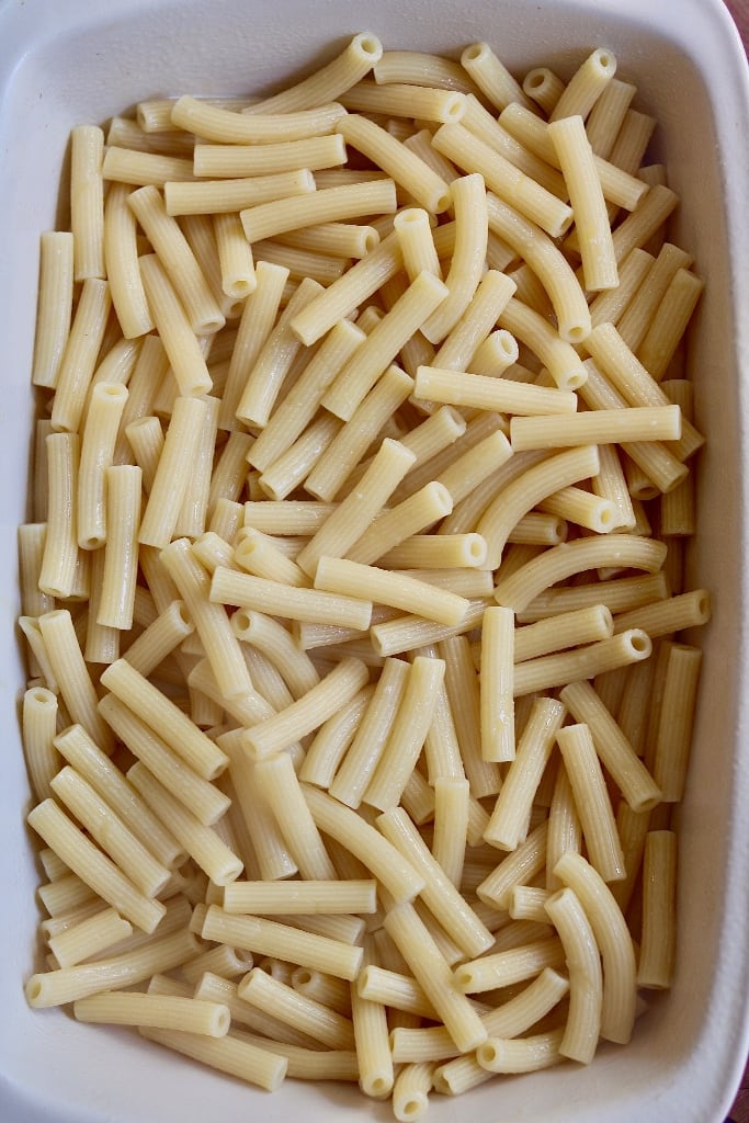cooked ziti noodles in a casserole dish