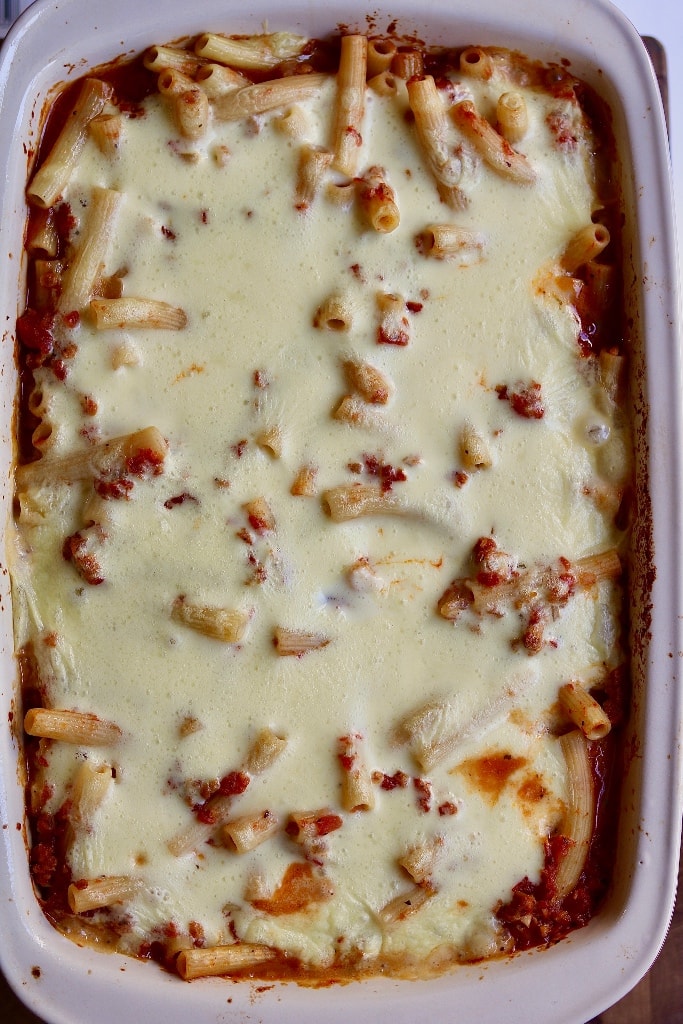whole vegan baked ziti fresh out of oven