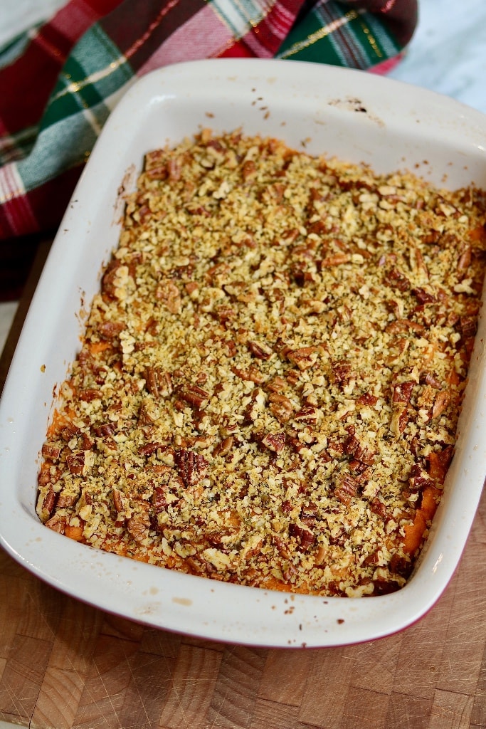 vegan sweet potato casserole in a baking dish