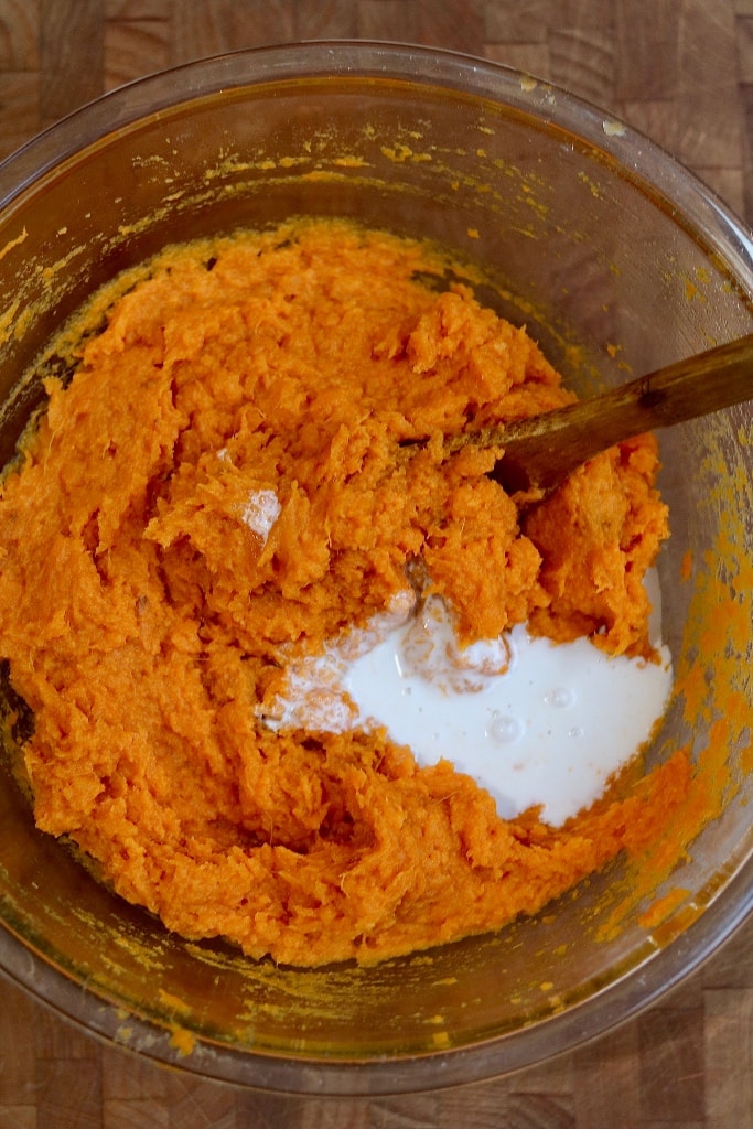 mashed sweet potato filling in a bowl