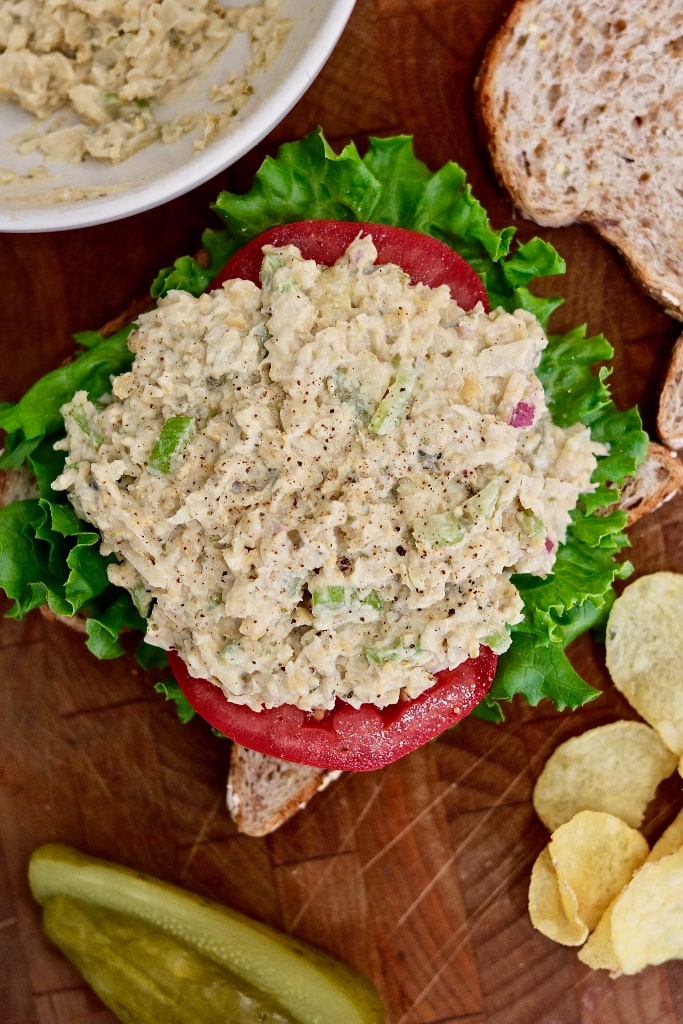 vegan tuna salad on open faced sandwich