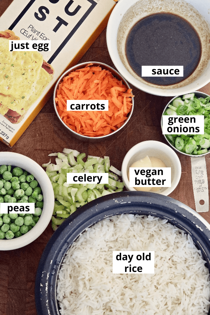 overhead view of fried rice ingredients on cutting board