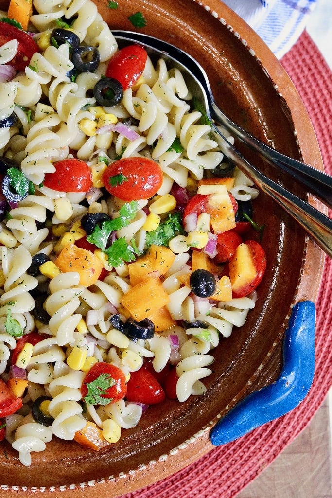 close up of pasta salad in bowl