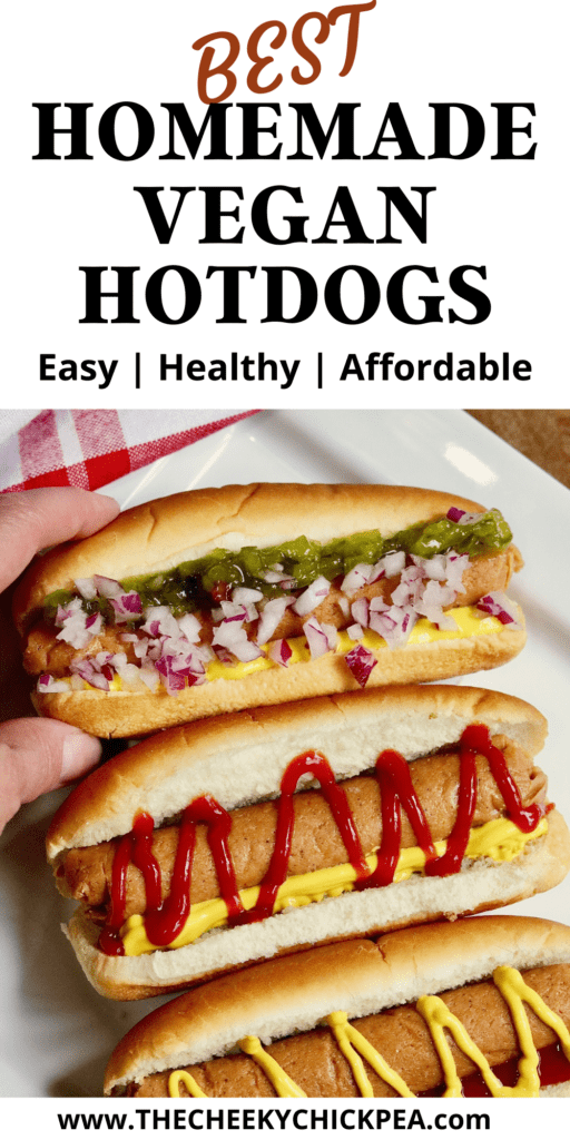 vegan hot dogs all dressed in buns on a plate