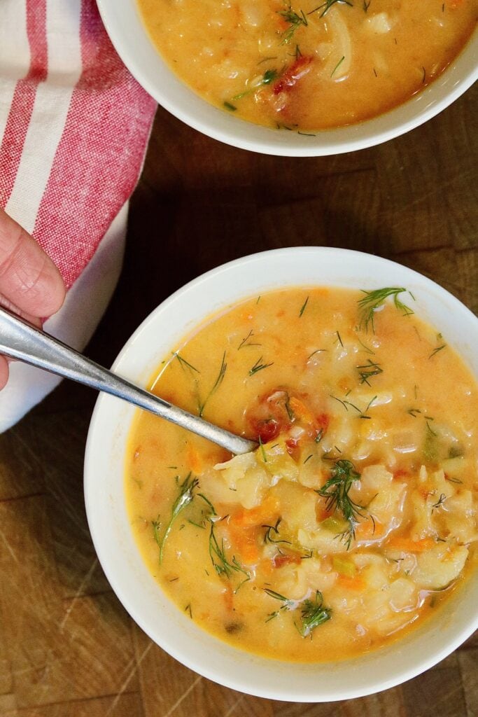 vegan doukhobor borscht soup ready to serve in two bowls