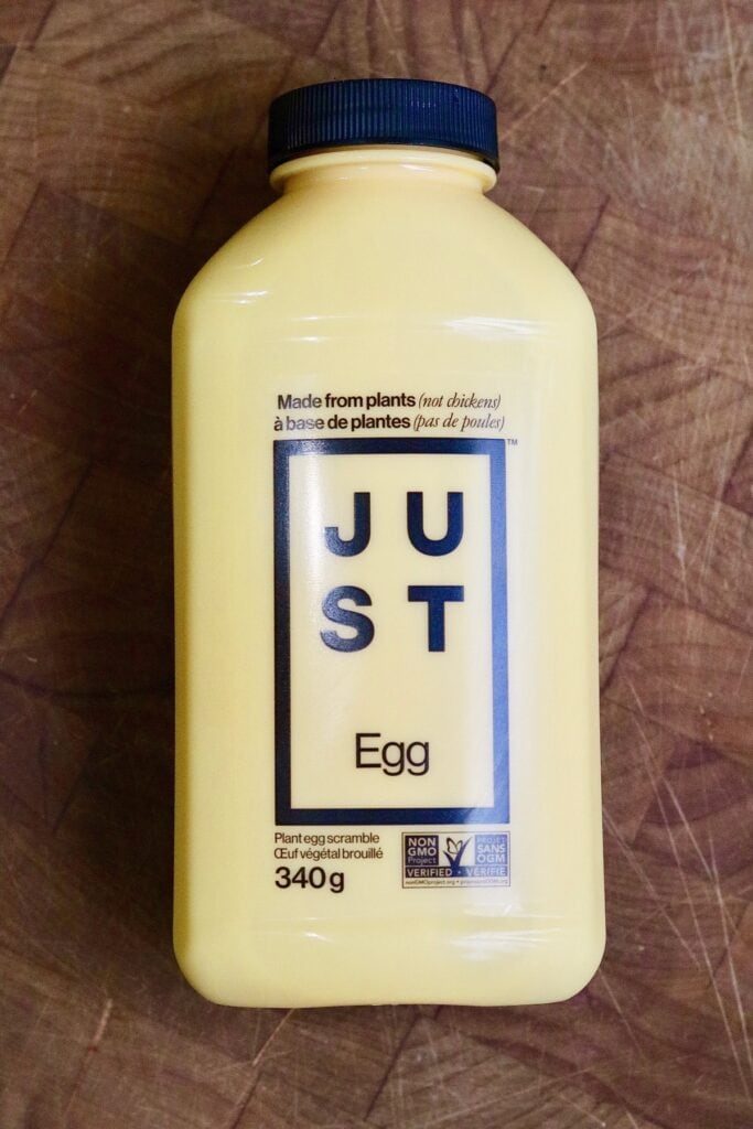 a bottle of just egg on a counter