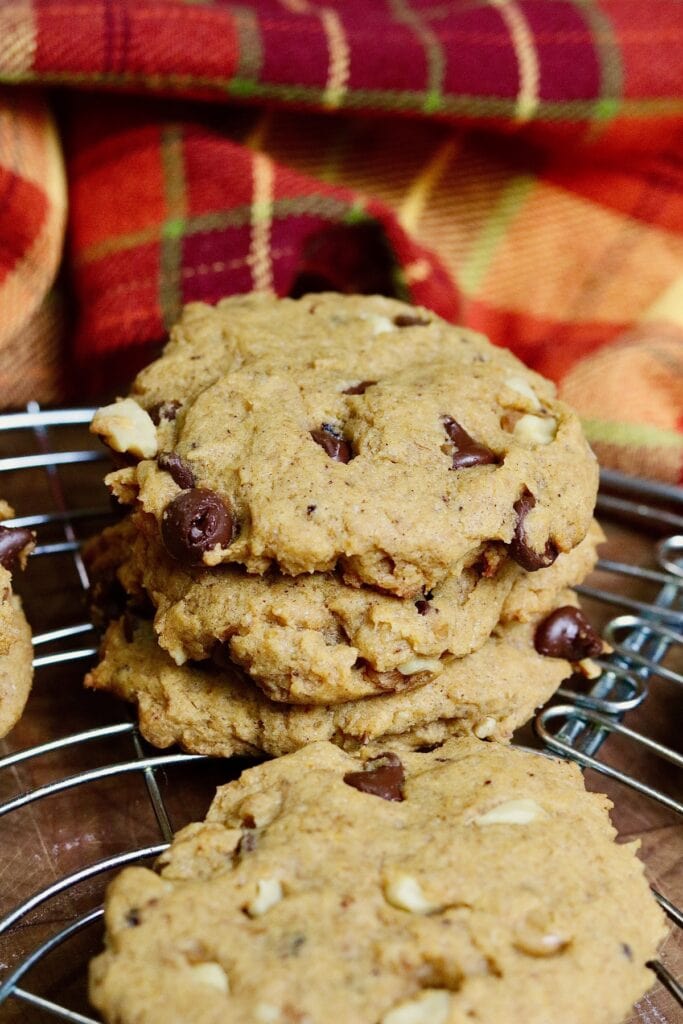 pumpkin chocolate chip cookies cooling on a rack