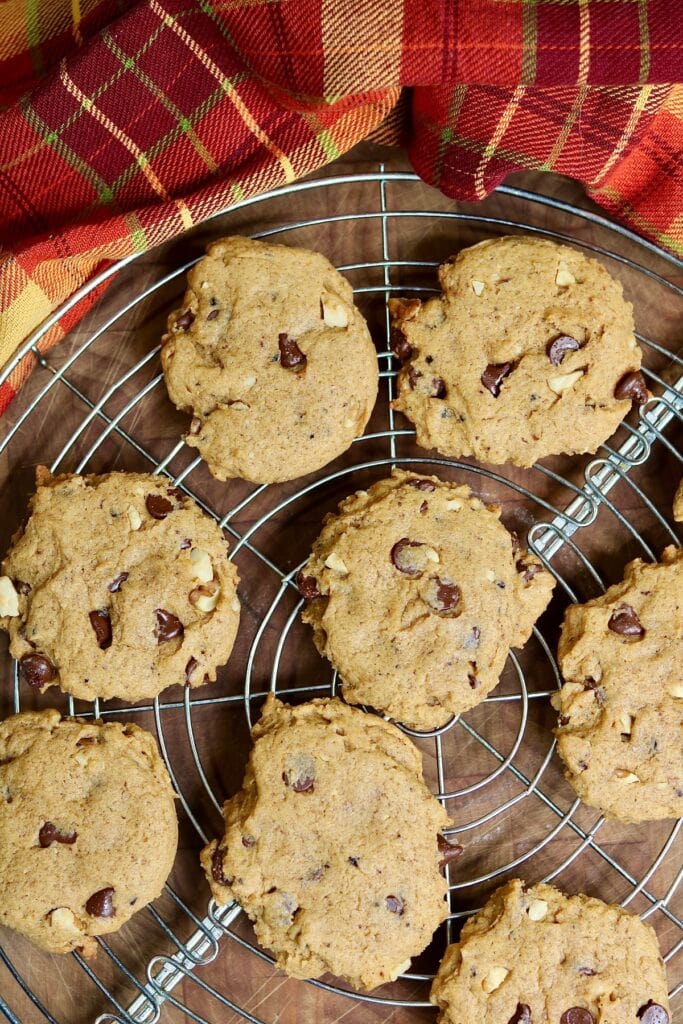 overhead view of pumpkin cookies on counter 