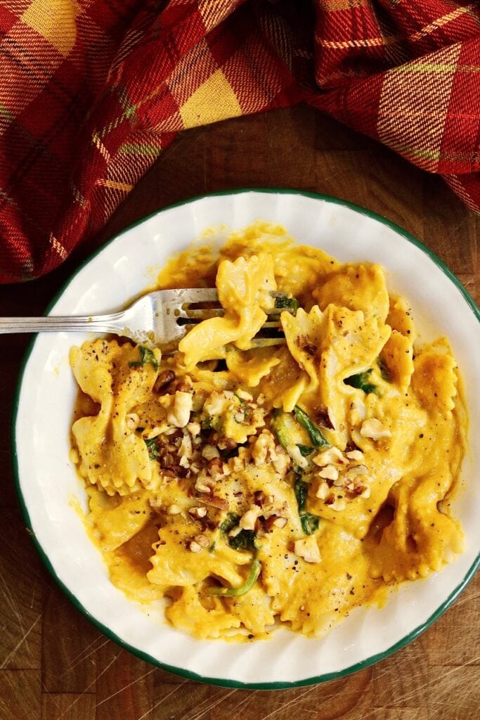 a bowl of pasta noodles tossed with vegan pumpkin pasta sauce