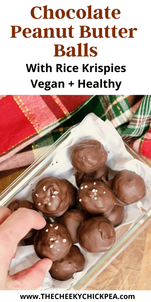 chocolate peanut butter balls in a holiday container