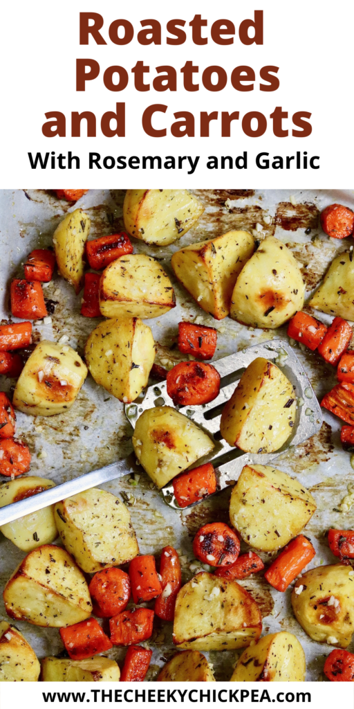 potatoes and carrots roasted on a baking sheet