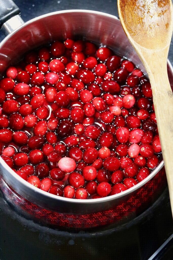 cranberries sugar and water cooking in a pot 