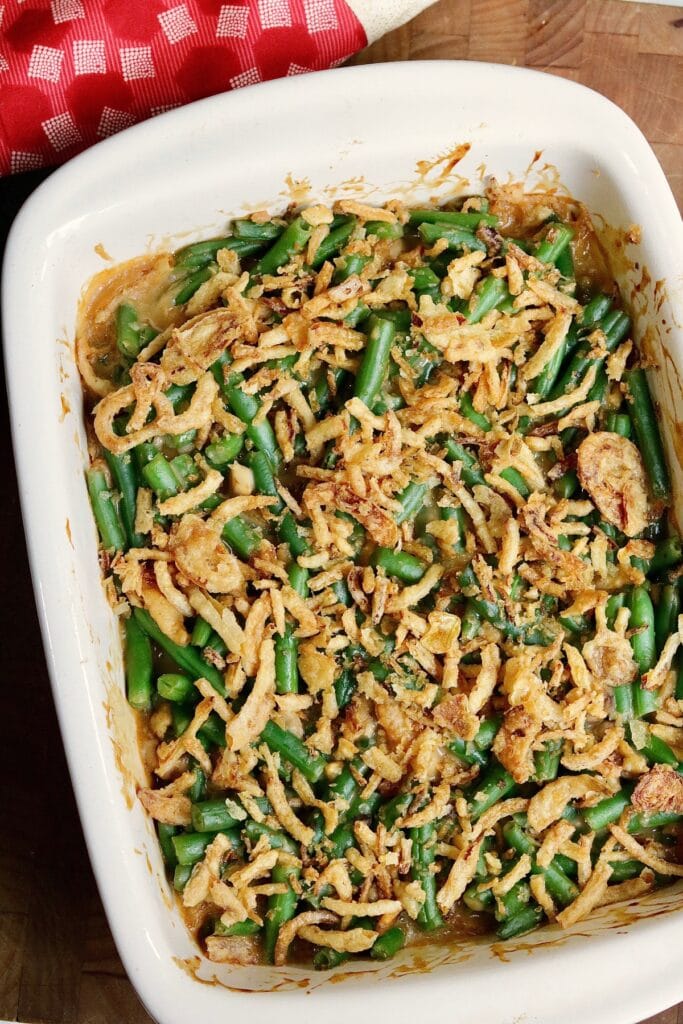 vegan green bean casserole baked and ready to serve
