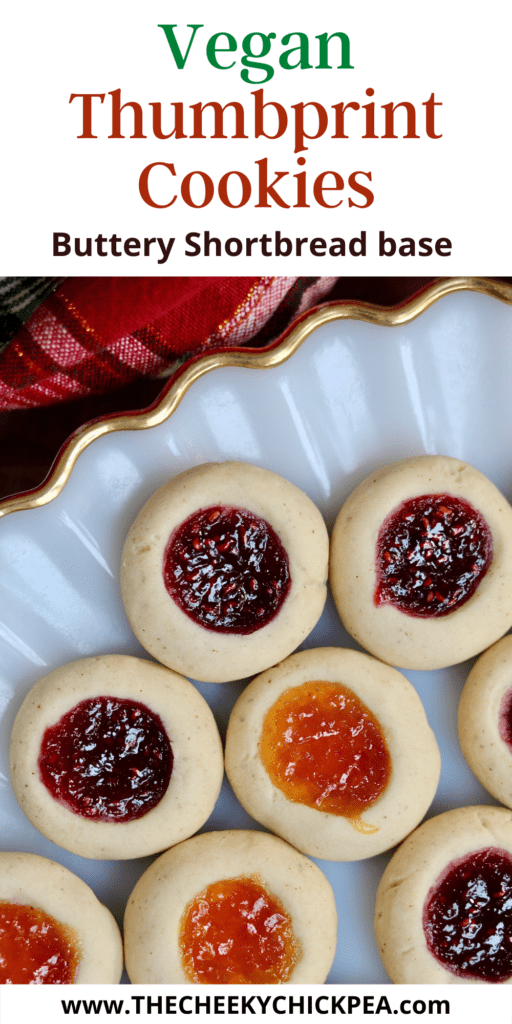 vegan thumbprint cookies on a holiday cookie plate