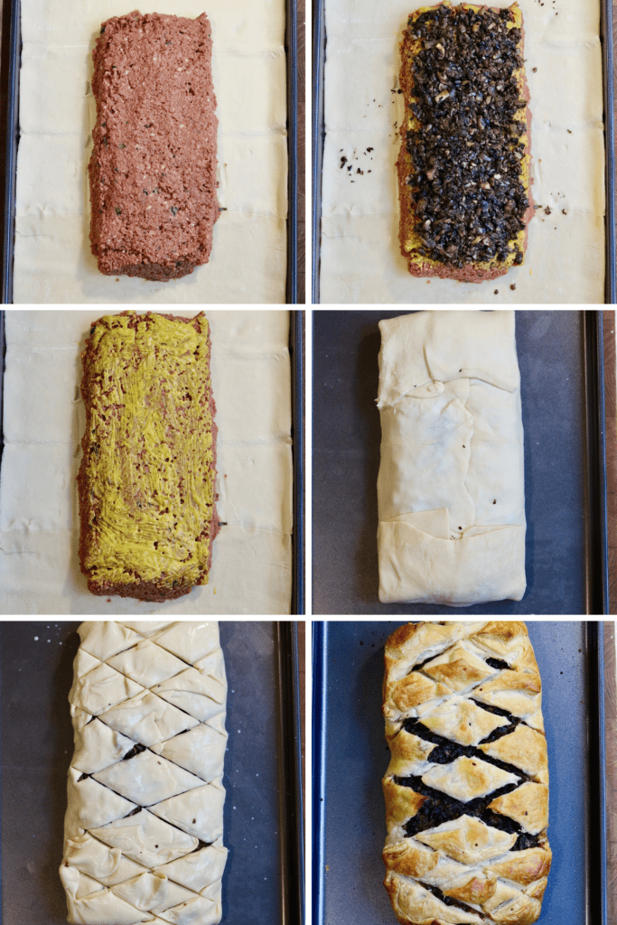 step by step photos how to assemble and bake vegan beef wellington 