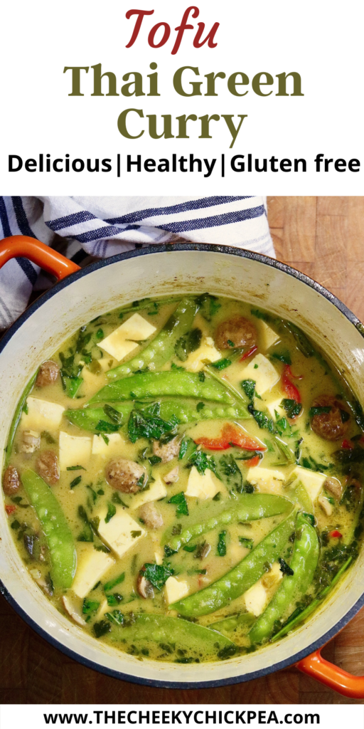 thai green curry with tofu and vegetables in a pot ready to serve