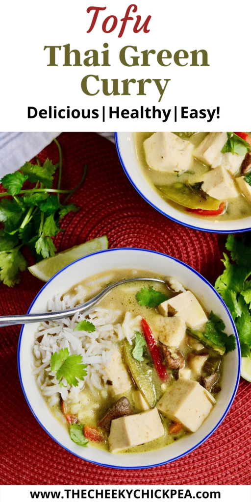tofu thai green curry in a bowl with rice