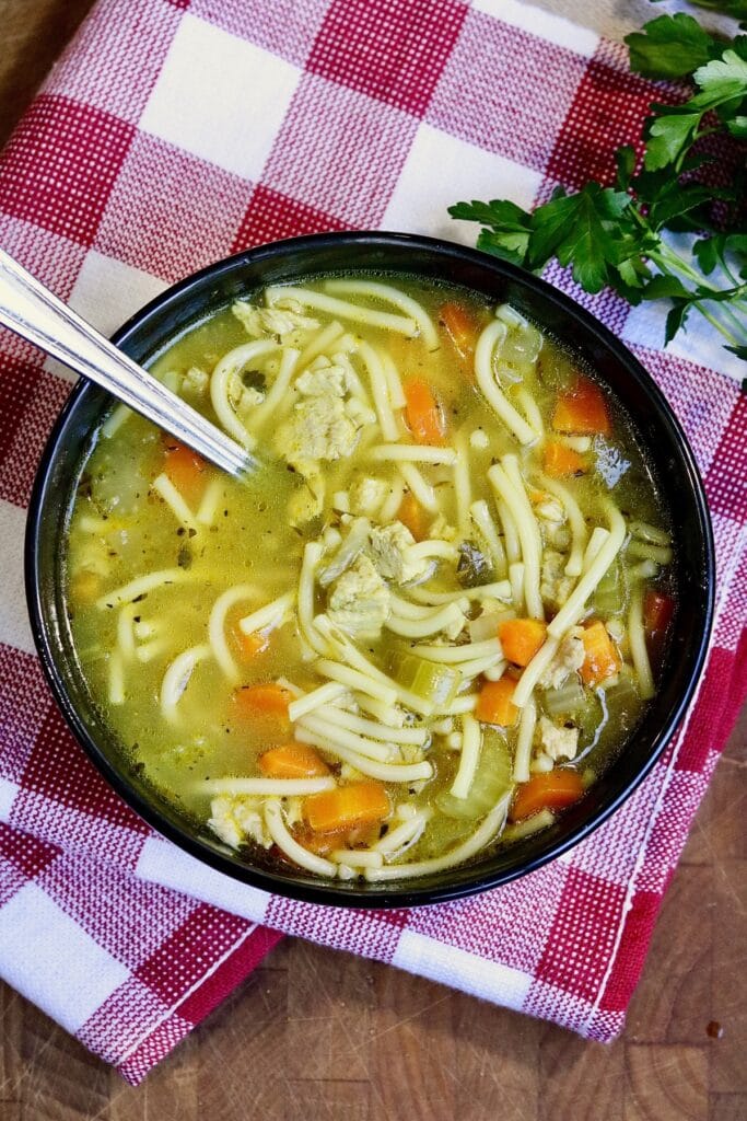 a bowl of vegan chicken noodle soup with a spoon