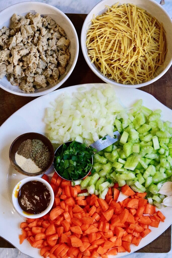 ingredients for vegan chicken noodle soup in an instant pot