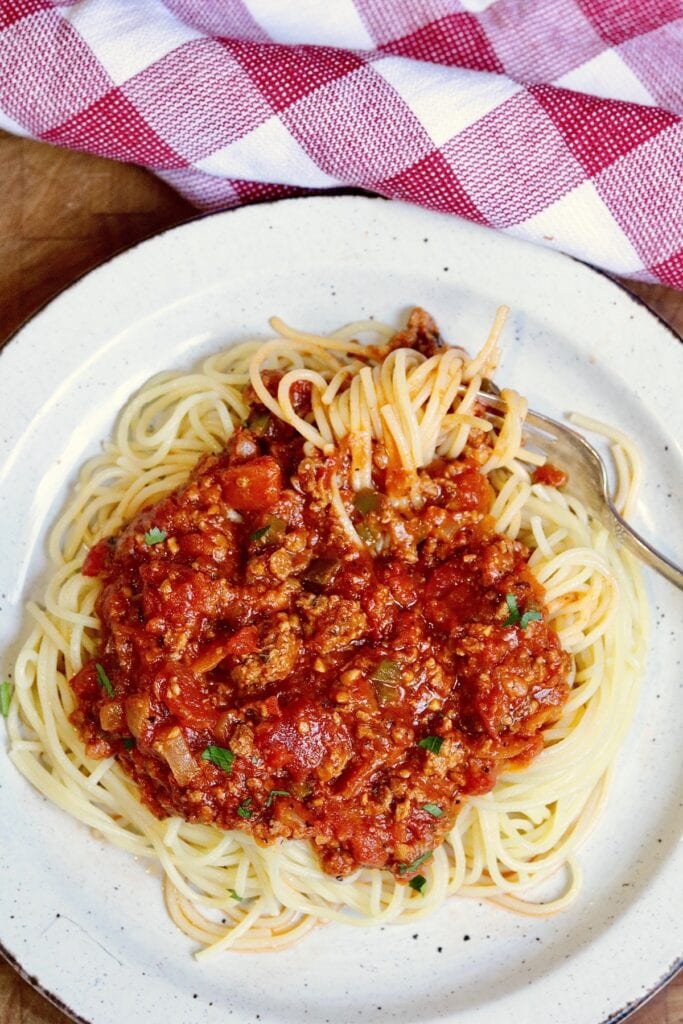 overhead view of vegan spaghetti on a plate