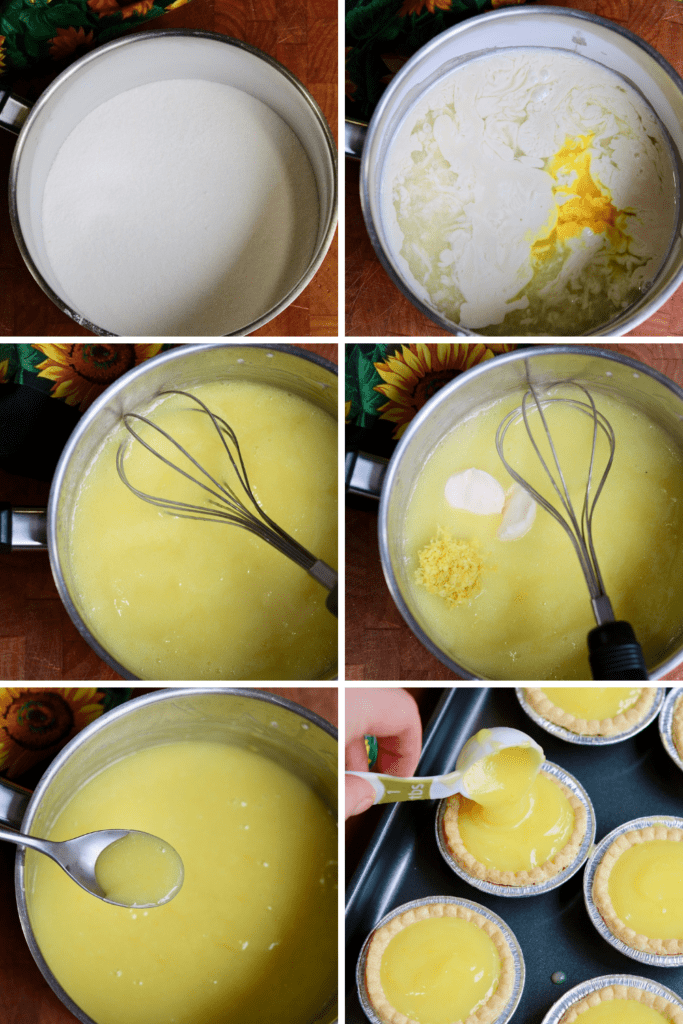 step by step photos how to make lemon curd and assemble vegan tarts