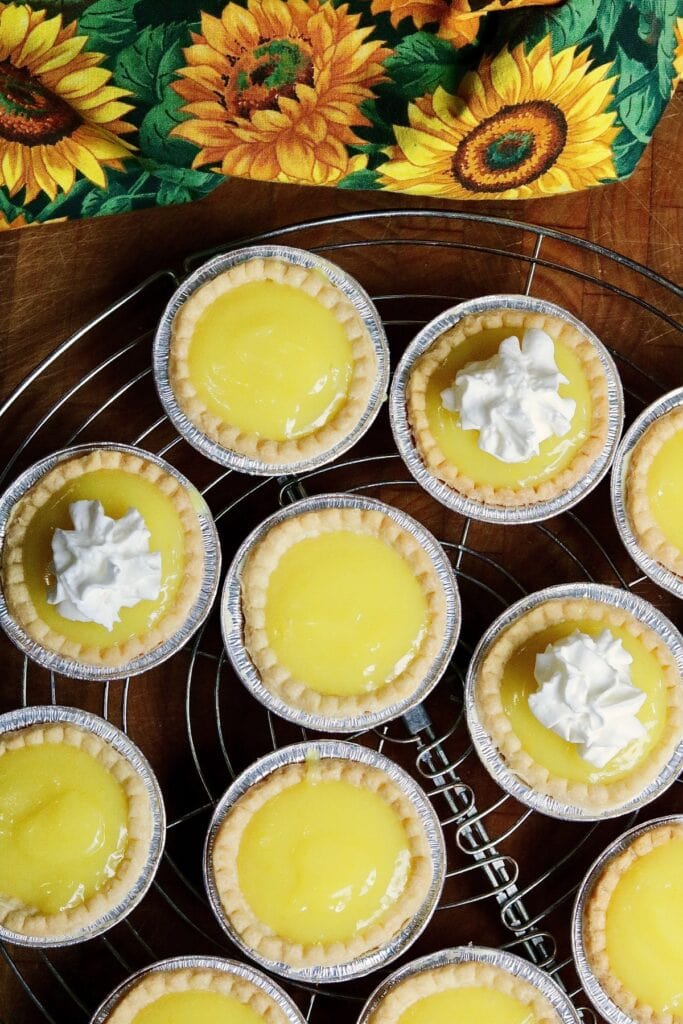 vegan lemon tarts ready to serve some garnished with coconut whipped cream