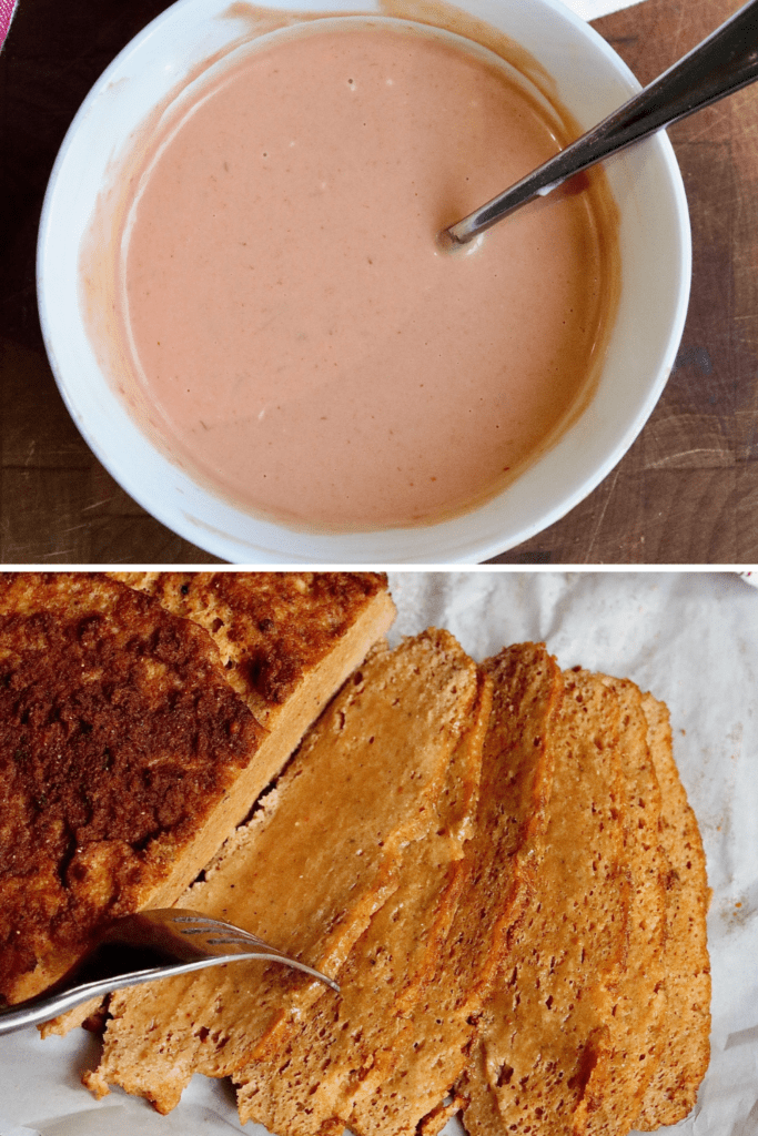 a bowl of Russian dressing and sliced vegan corned beef