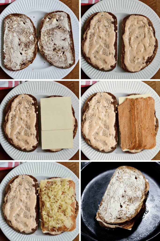 step by step photos how to assemble and grill a vegan reuben sandwich
