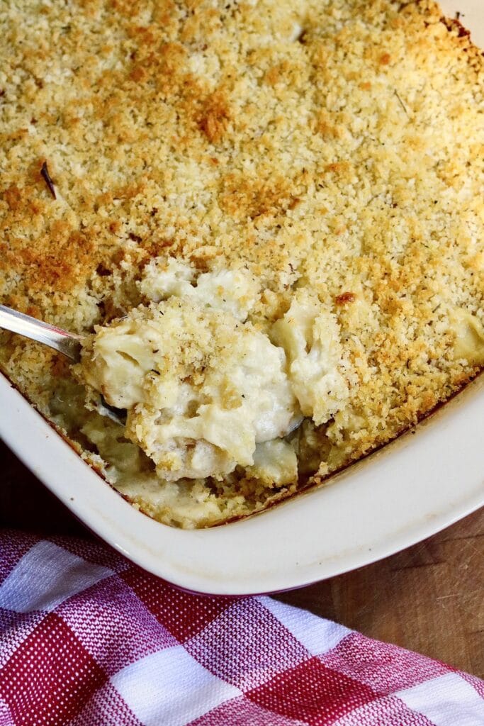 vegan cauliflower casserole in a baking dish ready to serve