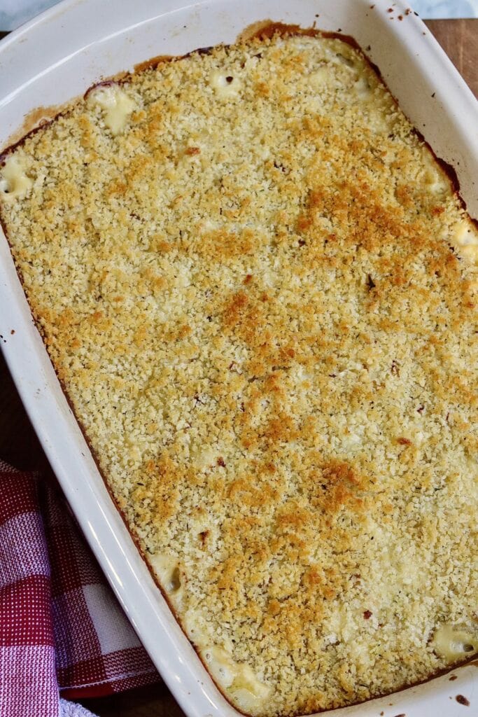 overhead view cauliflower casserole browned and baked