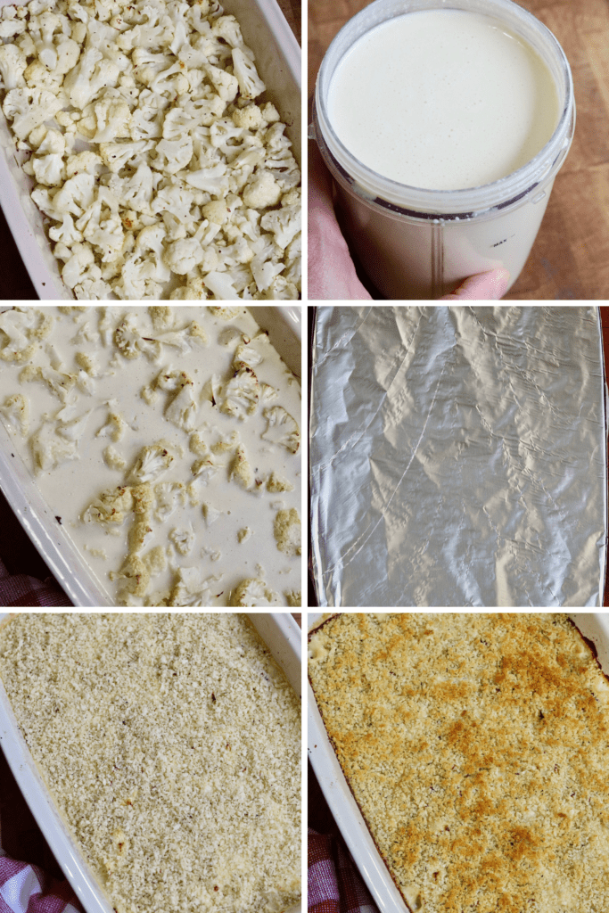 step by step photos how to make cheesy vegan cauliflower casserole