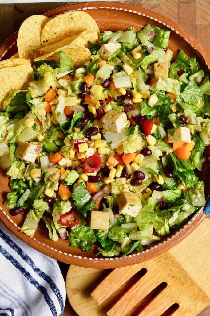 mexican chopped salad ready to serve in a large salad bowl