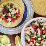 vegan ceviche in a bowl served with corn tostadas