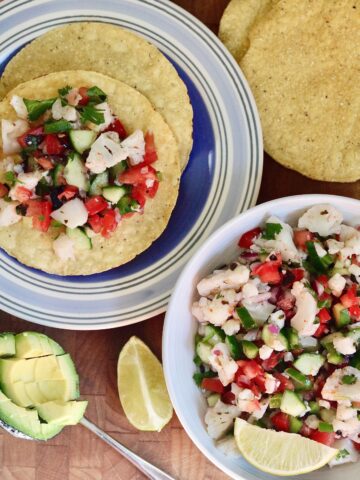 vegan ceviche in a bowl served with corn tostadas