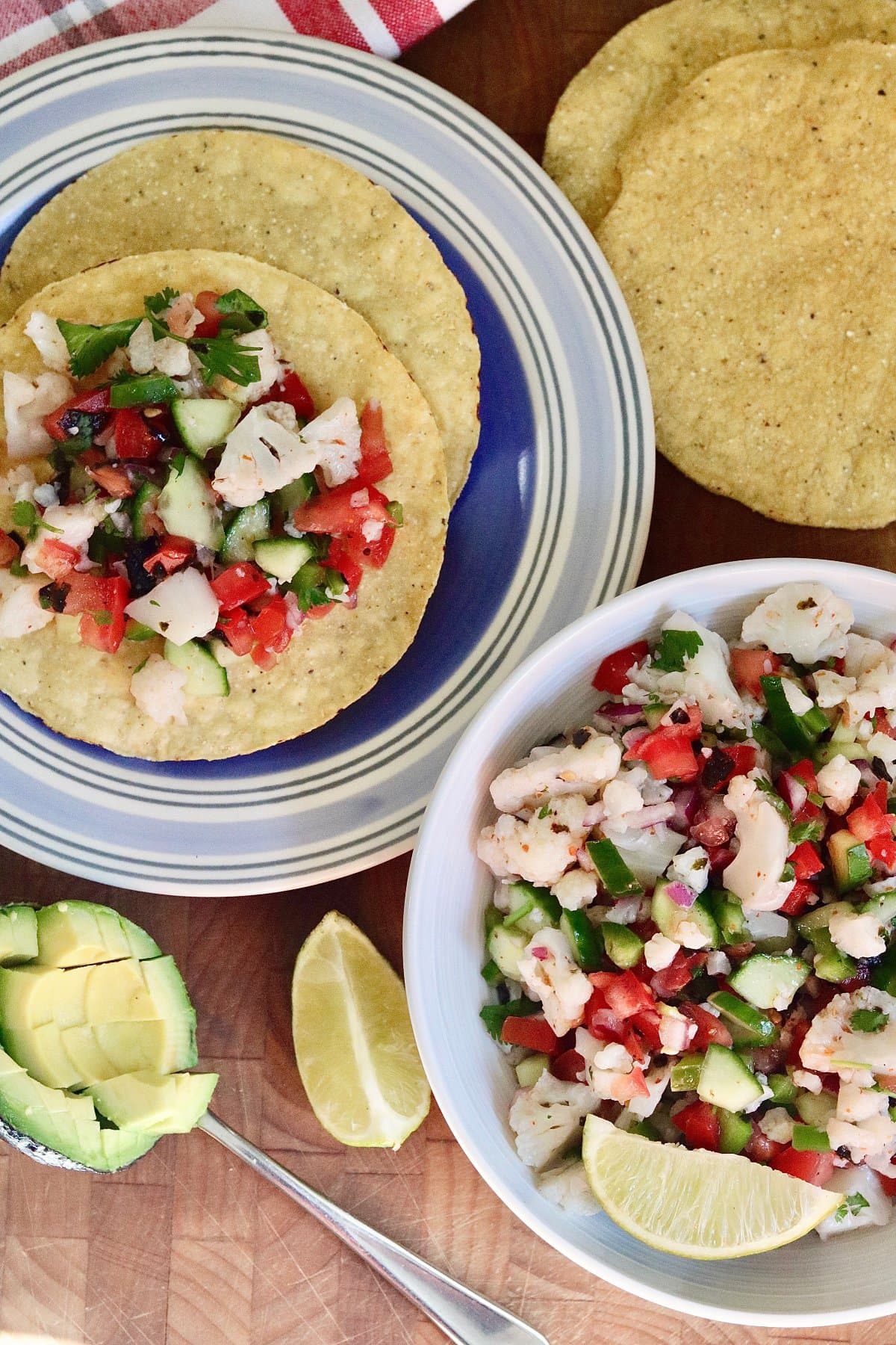 vegan ceviche in a bowl served with corn tostadas