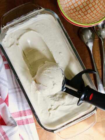 vegan vanilla ice cream being scooped out of container