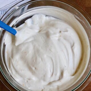 vegan whipped cream ready to serve in a mixing bowl