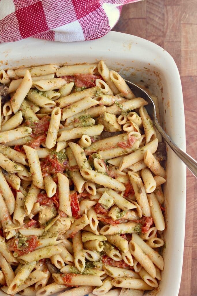 hummus pasta baked and tossed in a casserole dish ready to serve