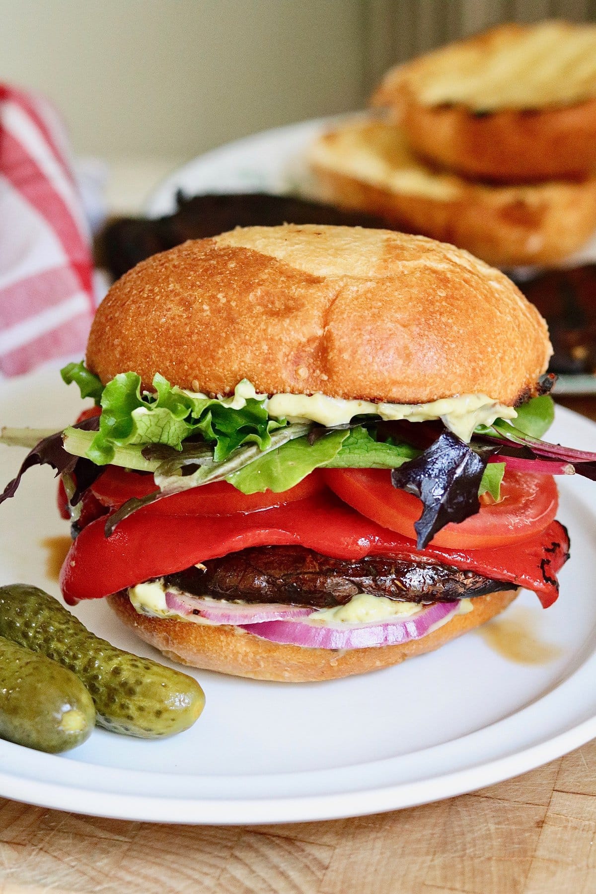 grilled vegan portobello mushroom burger on a plate ready to eat