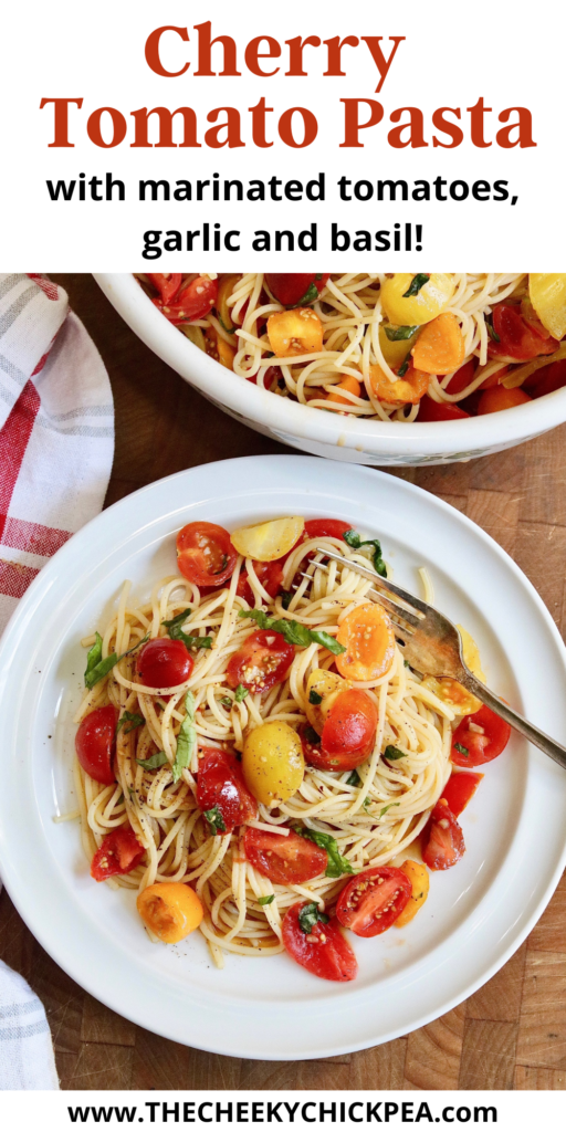 cherry tomato pasta on a plate with a fork