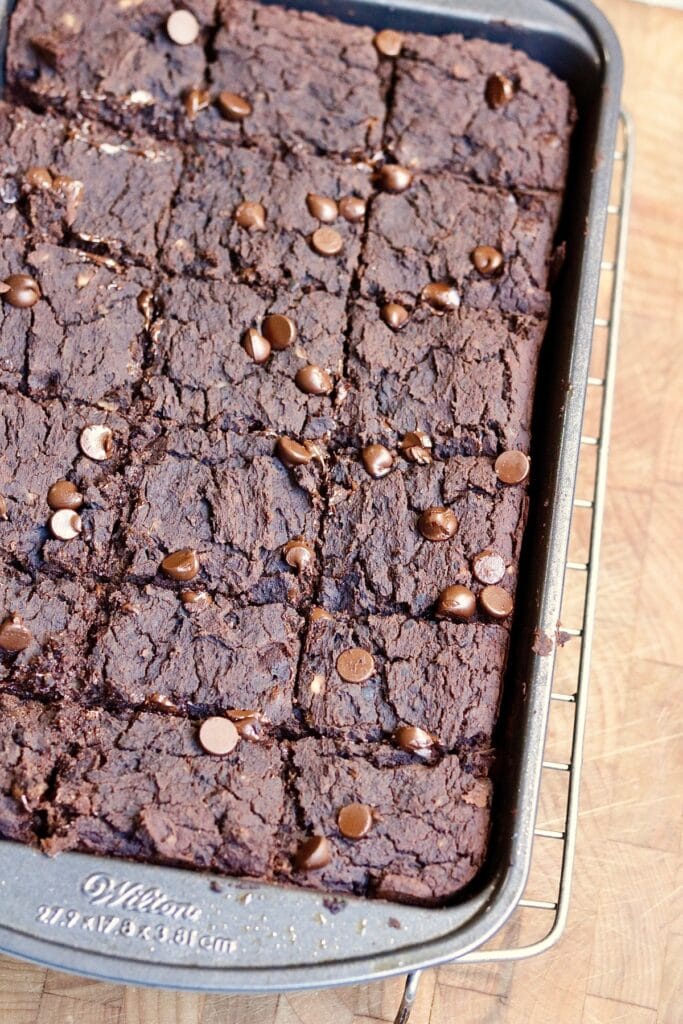 black bean brownies sliced in the pan ready to serve