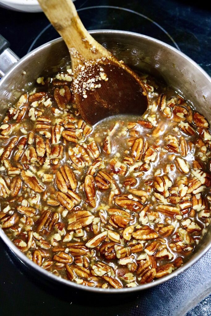 vegan pecan pie filling in a saucepan 