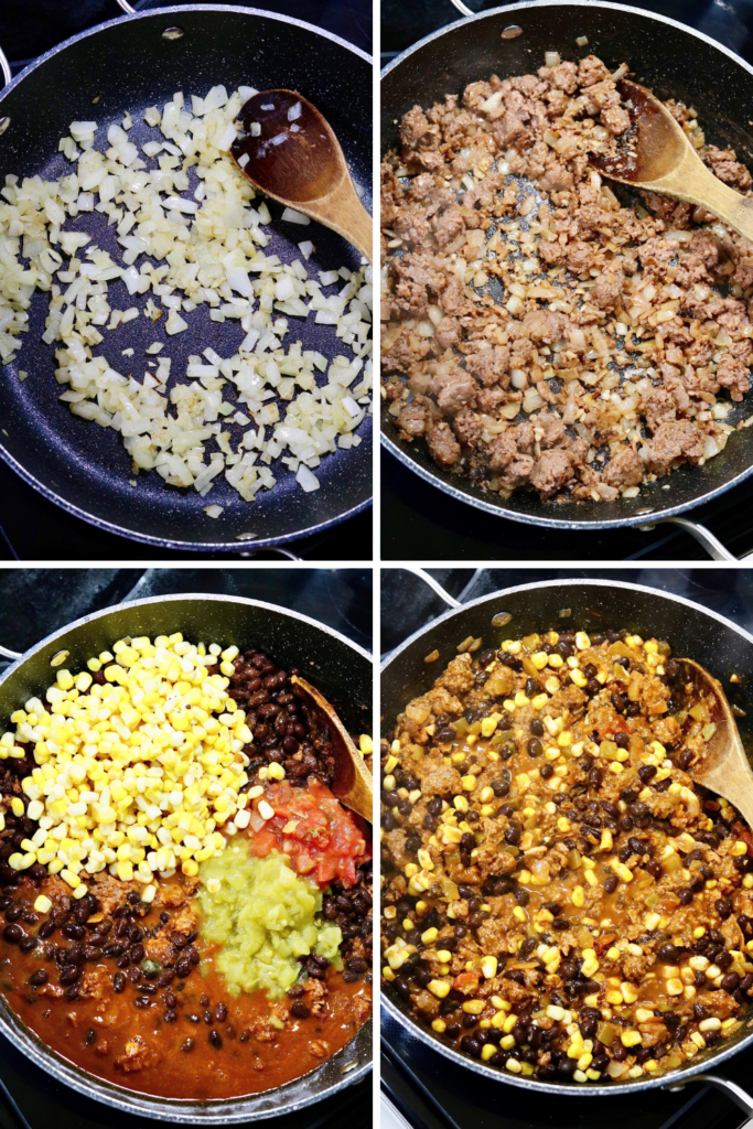step by step photos how to make filling for vegan Mexican tater tot casserole