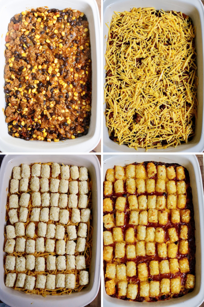 step by step photos how to assemble and bake tater tot casserole