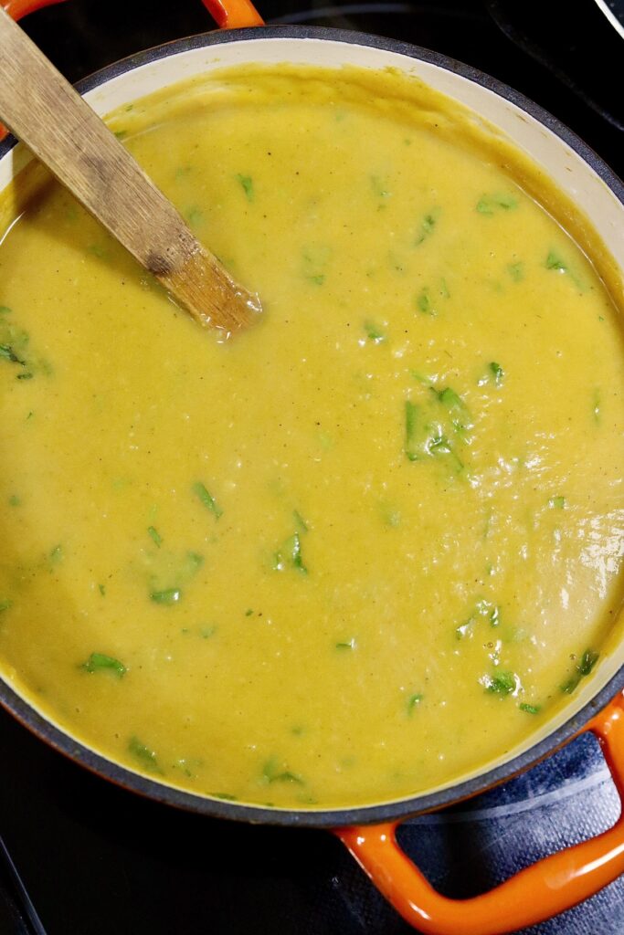 a pot of vegan curried butternut squash soup ready to serve