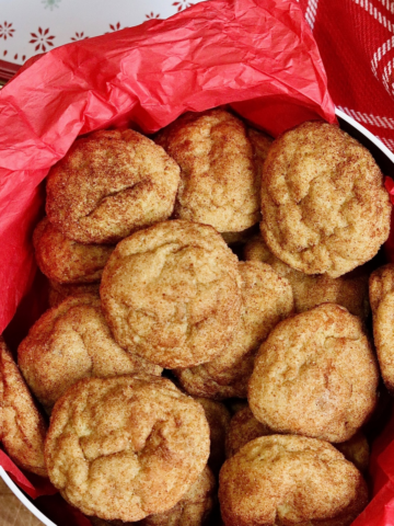 vegan snickerdoodles in a Christmas cookie tin