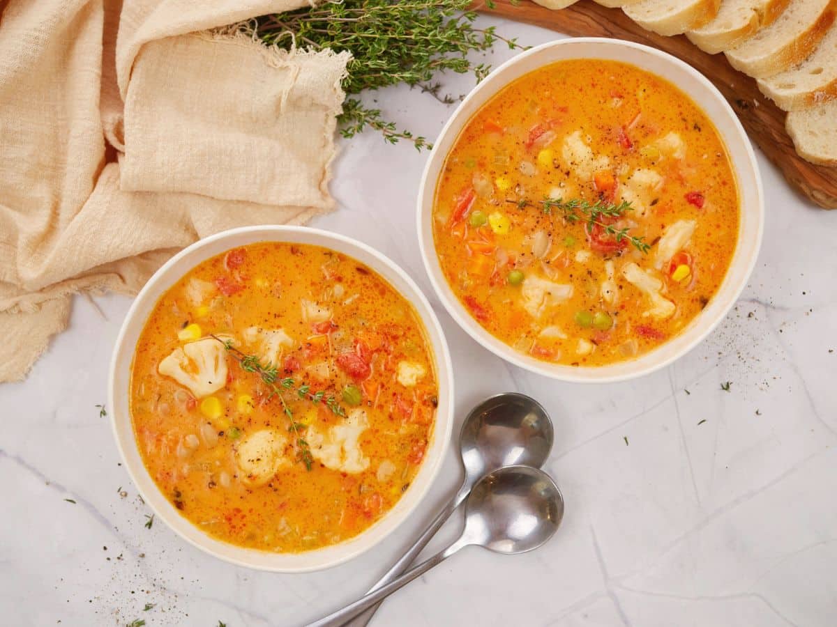 two bowls of vegan vegetable soup on white table