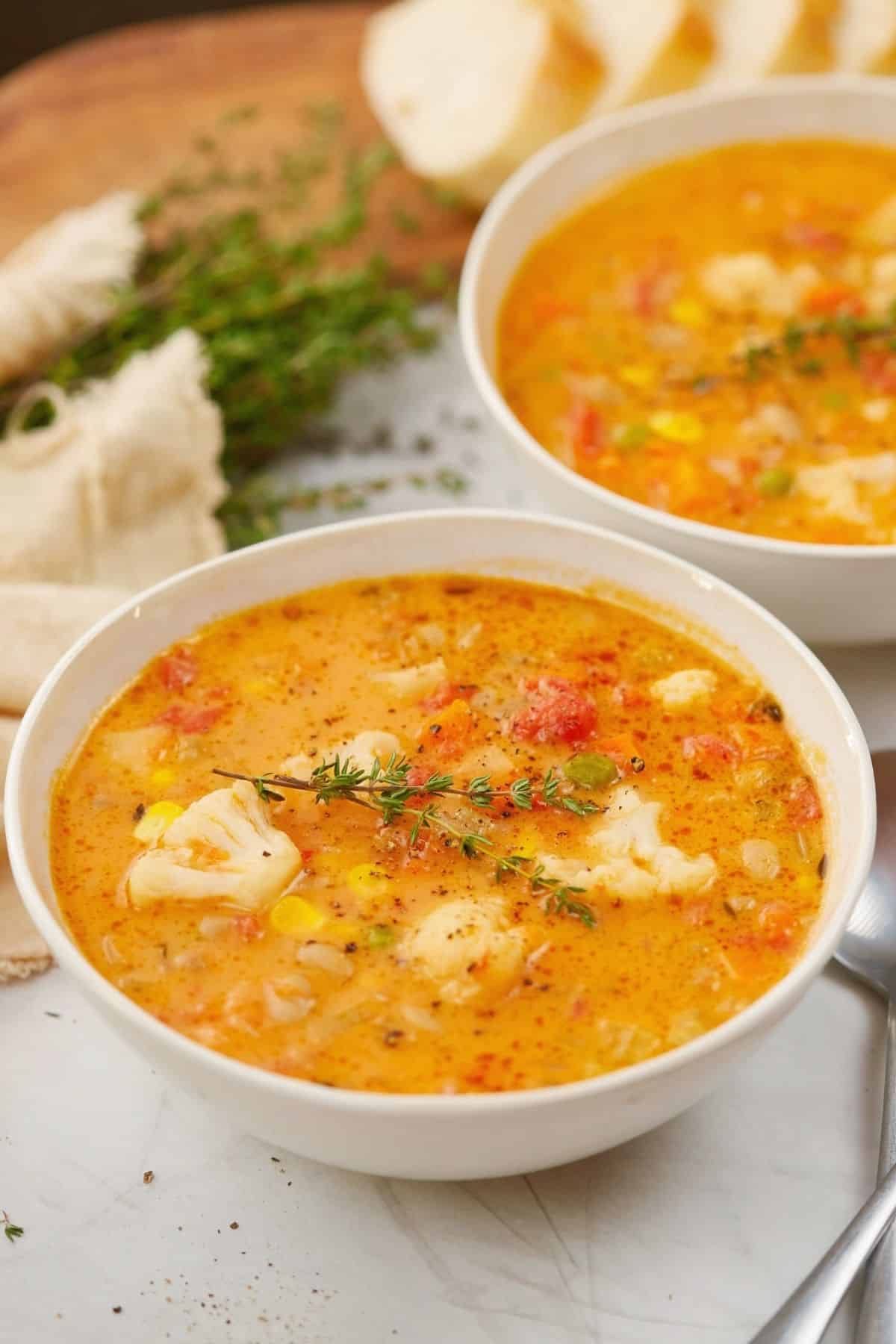 white bowls of vegan vegetable soup sitting on counter by fresh herbs