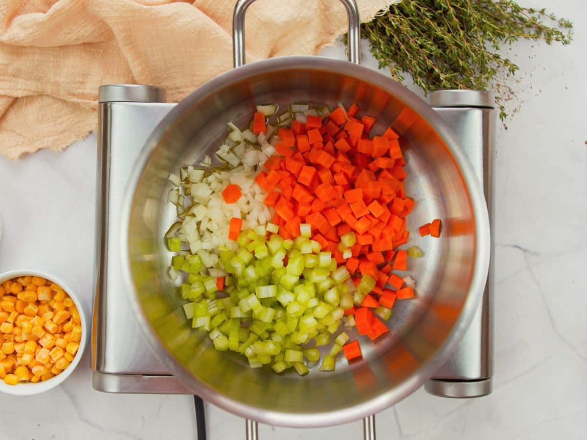 carrots onion and celery in stockpot on top of hot plate on marble counter