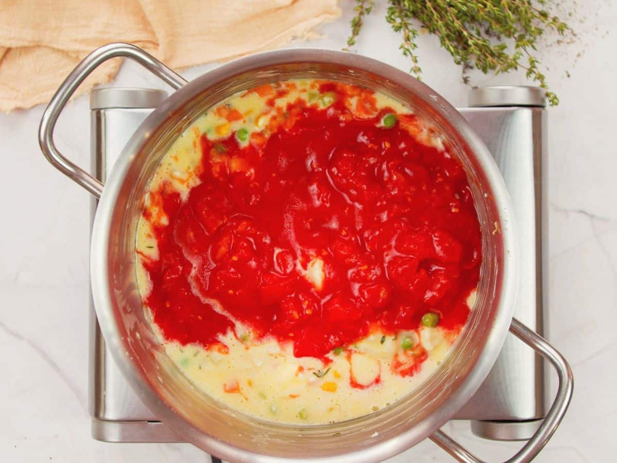 tomatoes on top of soup base in stockpot